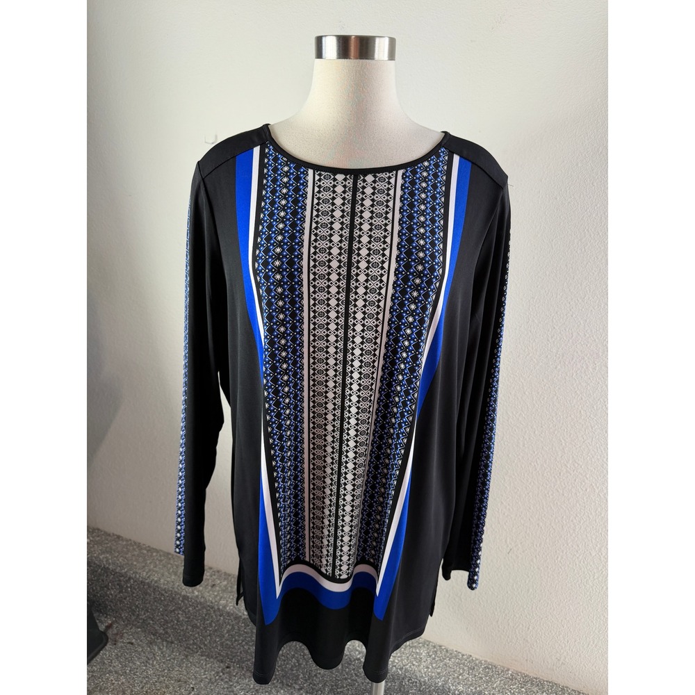 Susan Graver Womens XL Black Blue Geometric Border Print Long Sleeve Tunic Top